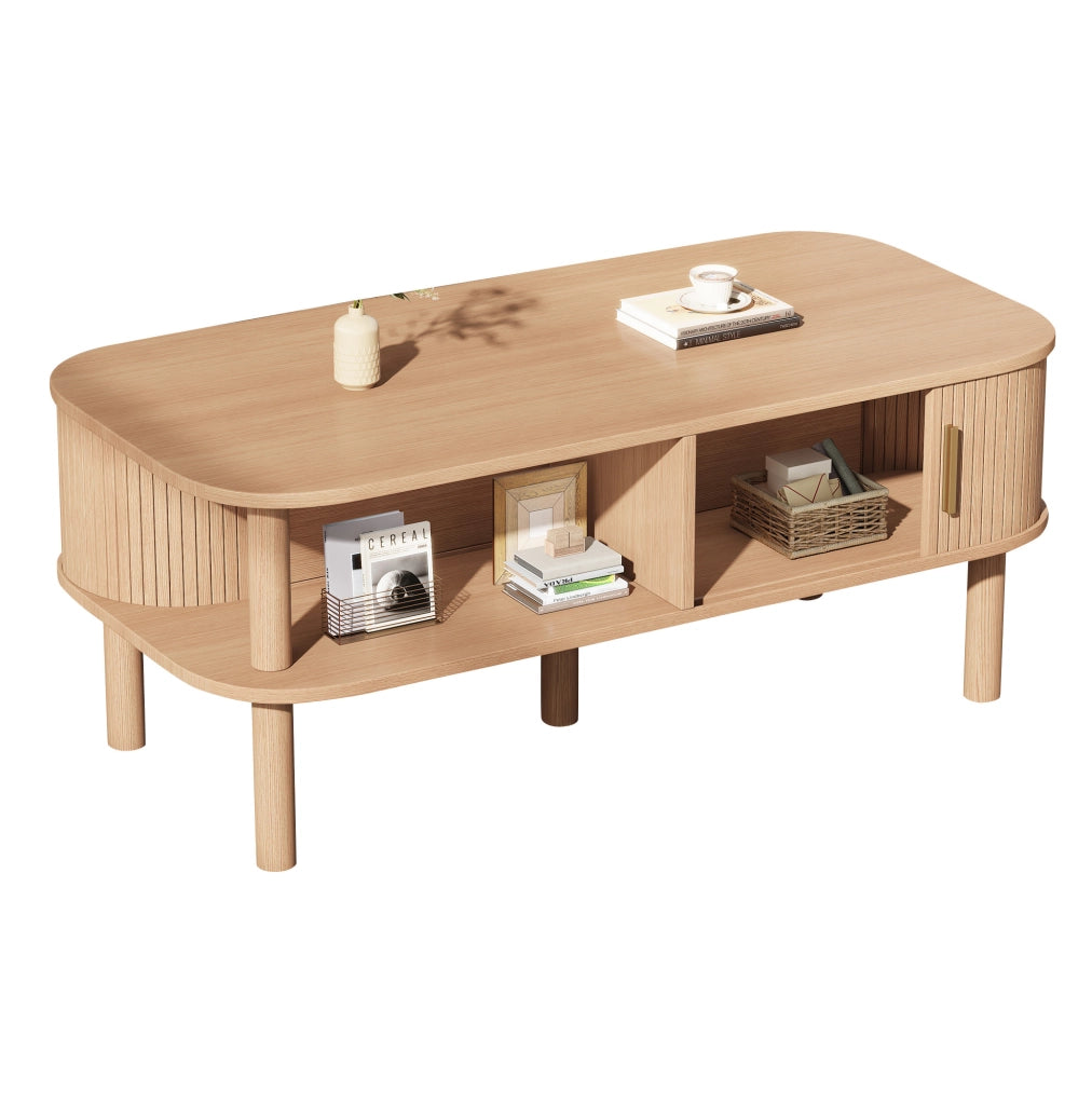 Tavolino da caffè 110x55x45 cm con porta scorrevole e vano portaoggetti in MDF naturale