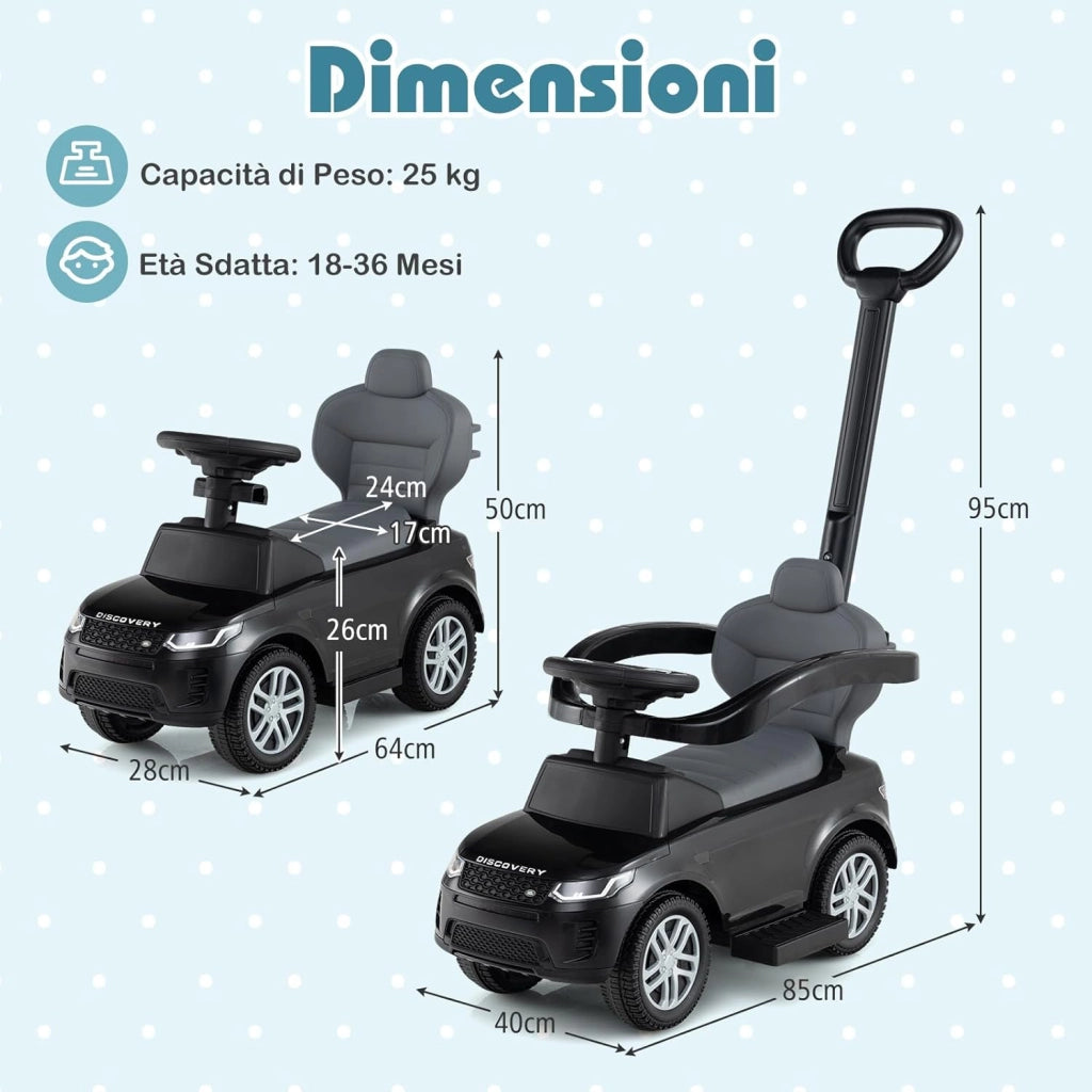 3 in 1 Auto a Spinta, Macchinina a Pedale con Manico Removibile e Paracolpi, Clacson e Suodo di Avvio, Macchina Cavalcabile per Bambini 18-36 Mesi (Nero)