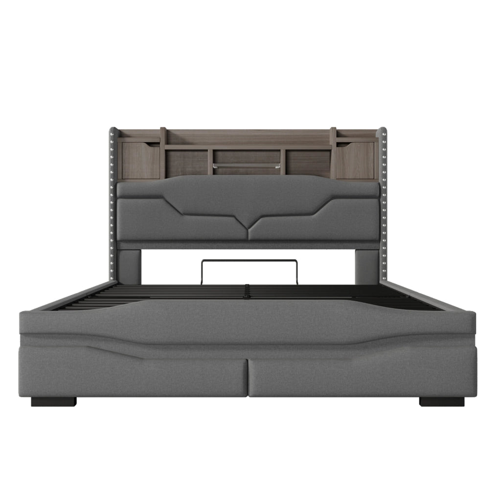Letto imbottito ULEVR 140x200 cm con contenitore idraulico, LED RGB e prese USB/Type-C, grigio