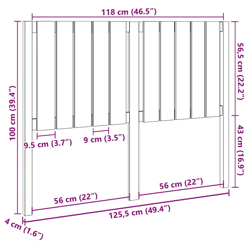 Testiera | Testata per Letto Nera 125,5x4x100cm in Legno Massello di Pino