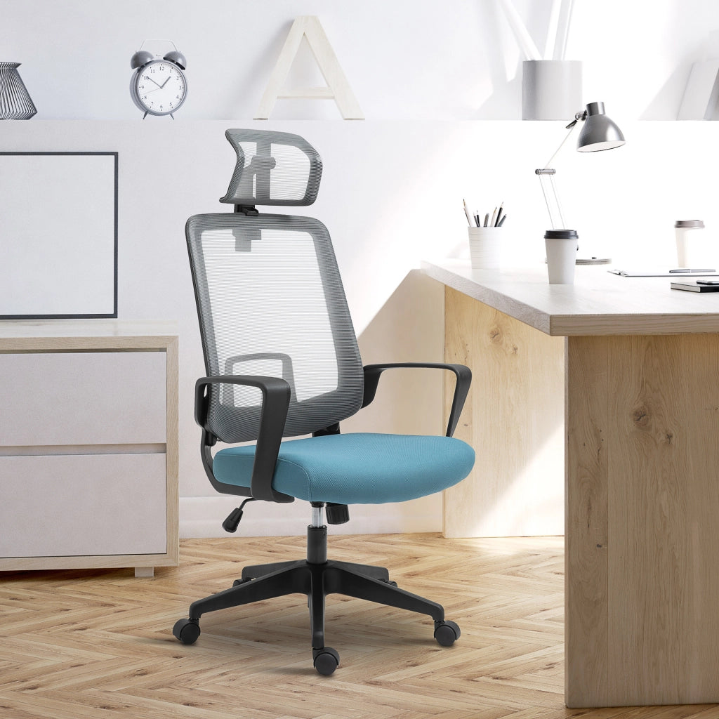 Sedia da Ufficio Ergonomica Girevole ¨C Xylo ¨C Schienale in Rete Traspirante, Braccioli e Poggiatesta Regolabili, Blu e Grigio