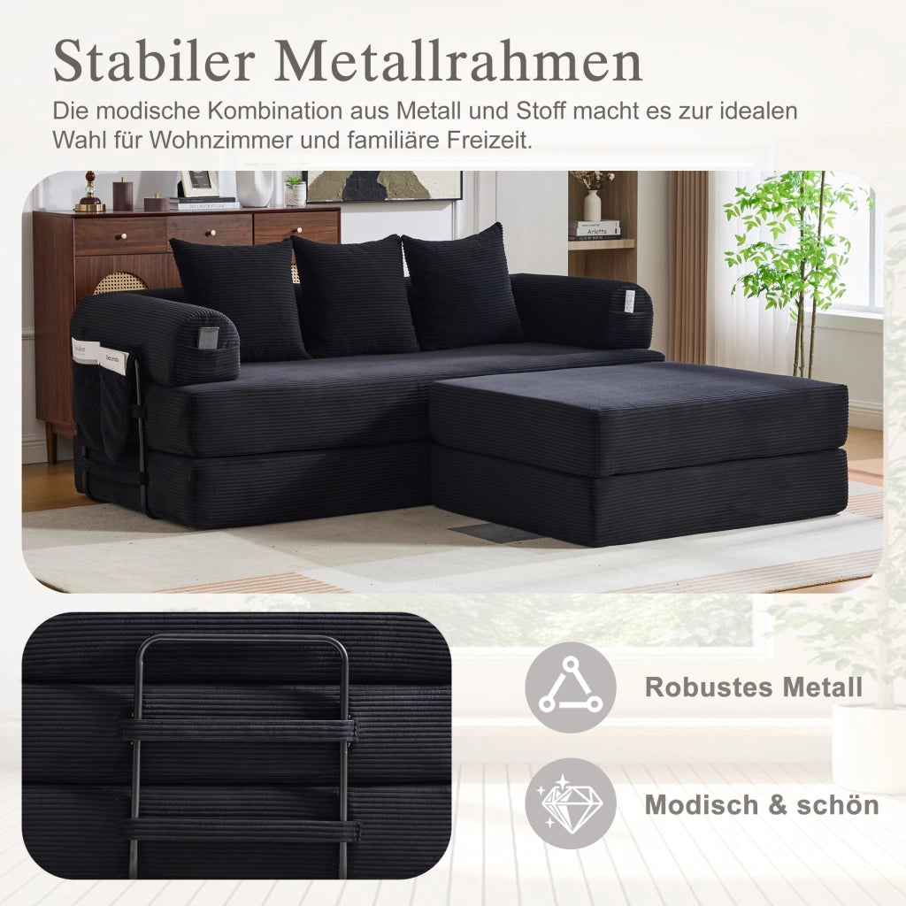 DIVANO modulare in velluto a coste 200x190x67 cm nero con 3 cuscini e pouf