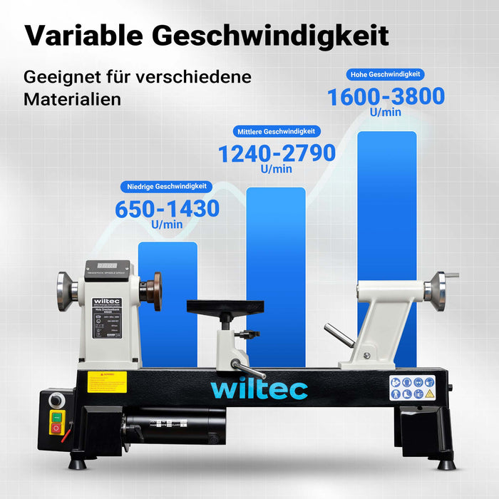 Tornio per legno, 3 variazioni di velocità 50-1450, 1250-2800 e 2800–3800 rpm, Macchina da banco per tornitura