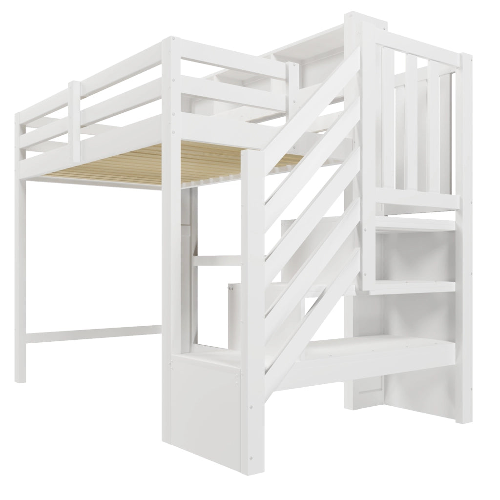 Letto a soppalco 90x200 cm con LED; scala contenitore e vani aperti bianco