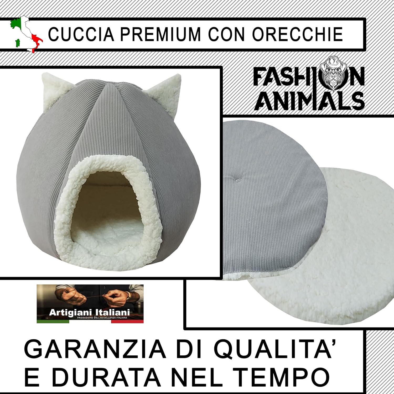 Cuccia Premium per cani e gatti - Letto morbido e confortevole - Base antiscivolo - Resistente e Facile da lavare (with ears-Grigio)