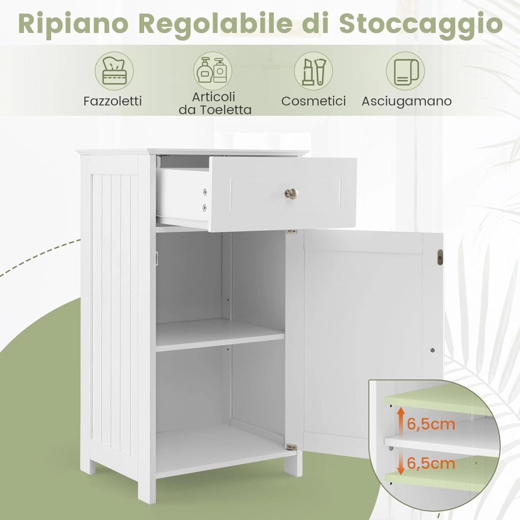 Armadio da Bagno con Ante e Cassetto 43 x 34 x 77cm, Mobile Bagno con Mensola Regolabile e Dispositivo Anti-ribaltamento, Armadietto Elegante per Ufficio, Soggiorno e Camera da Letto (Bianco)