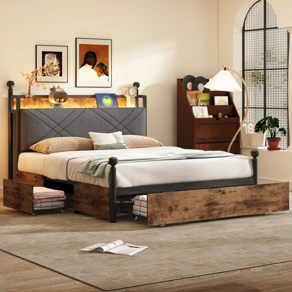 OKWISH Letto Contenitore 140×190 cm, Letto Matrimoniale con USB, Tipo C, LED Regolabile e 3 Cassetti, senza Materasso, in Metallo, Nero