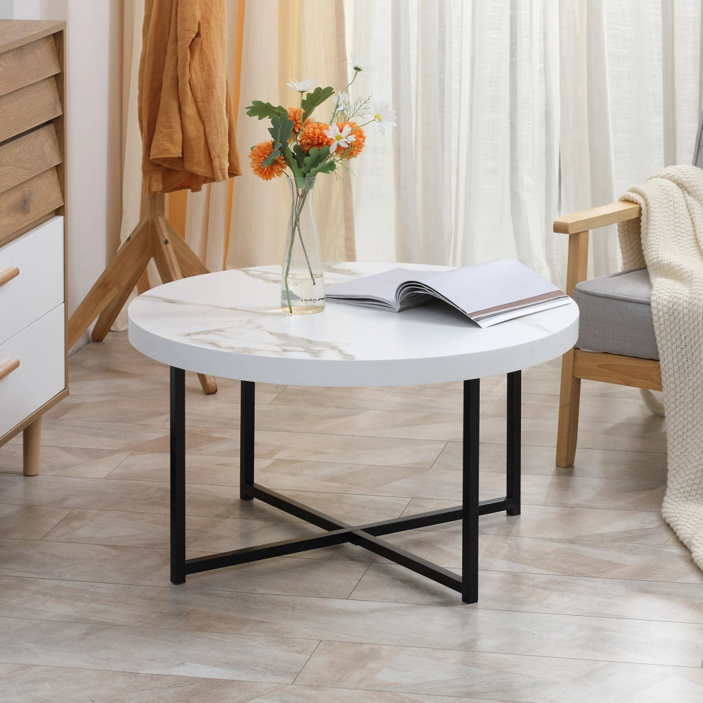 Tavolino da caffe' rotondo con piano effetto marmo e gambe metallo ¨C Zephmum ¨C Bianco 80x80x45 cm