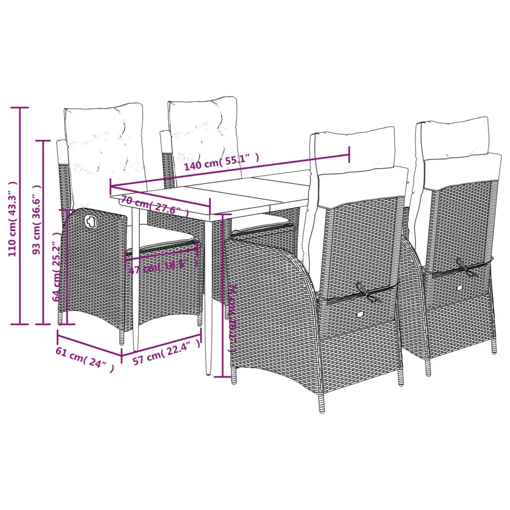 Set da Pranzo da Giardino 5 pz Nero con Cuscini in Polyrattan 3213157