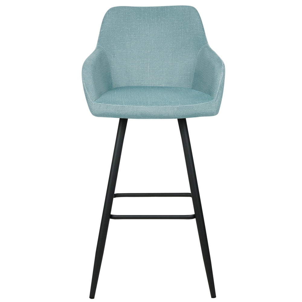 Set di 2 sgabelli da bar in velluto azzurro con seduta imbottita con braccioli e gambe in metallo stile moderno soggiorno