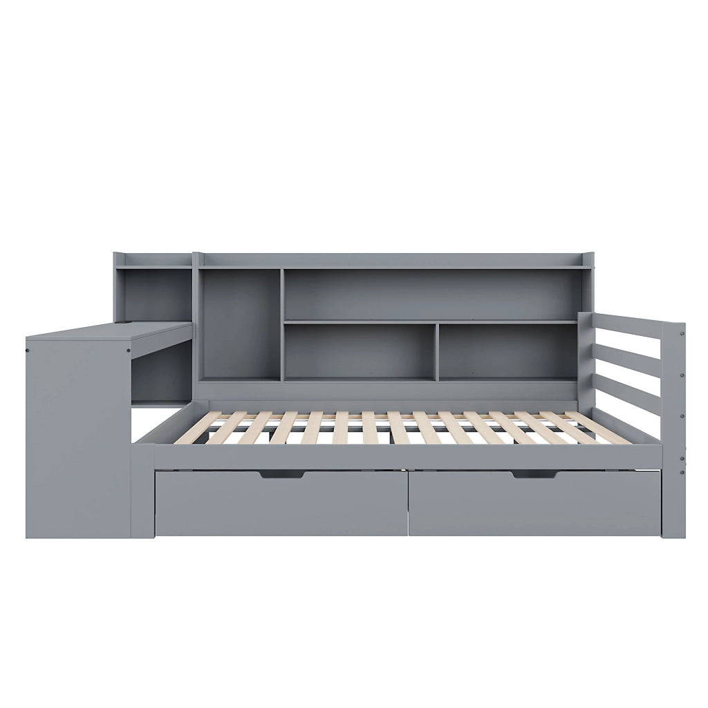 Letto divano 140 × 200 cm con scrivania, scaffali, 2 cassetti, prese USB e contenitore, senza materasso, grigio