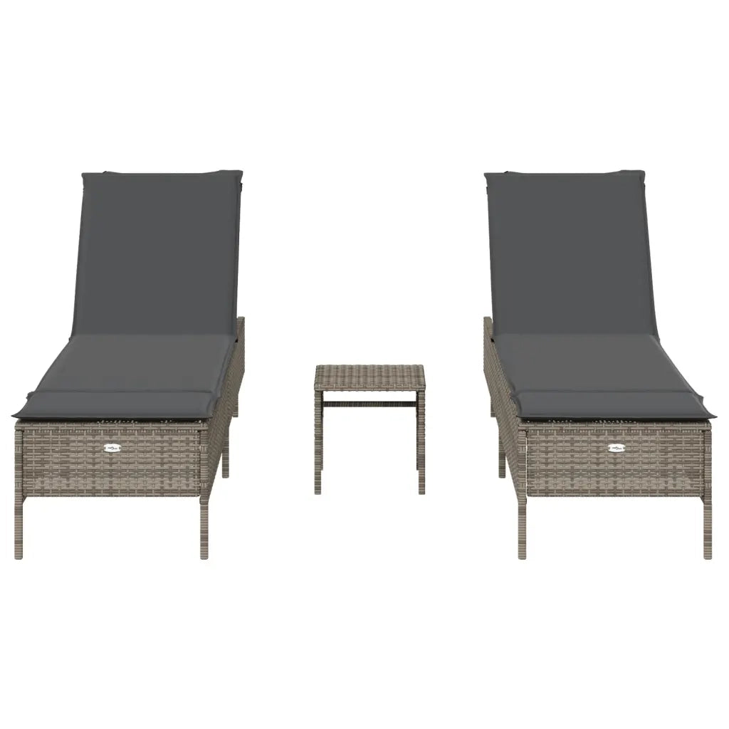 Set Lettini Prendisole con Cuscini 3pz Grigio in Polyrattan