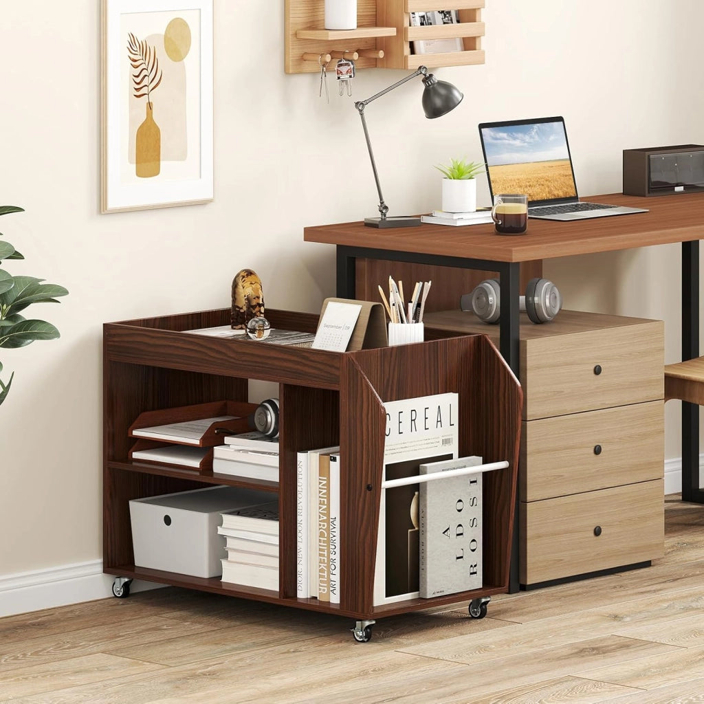 Tavolino da Salotto a 3 Ripiani con Ruote, Tavolino Caffè Laterale in Legno per Soggiono e Studio, Mobile Porta Stampante per Casa e Ufficio, 76 x 39,5 x 55 cm, Noce