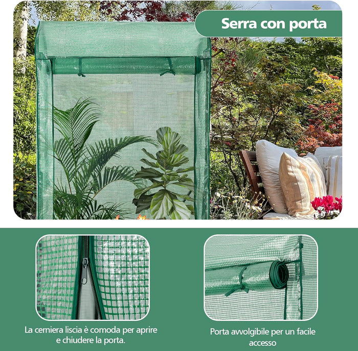Serra da Giardino Inverno, Mini Serra per Orto e Piante con Telaio in Acciaio, Porte a Cerniera Arrotolabili, Telo in PE, Ideale per Giardino e Balcone, 100 x 50 x 170 cm, Verde