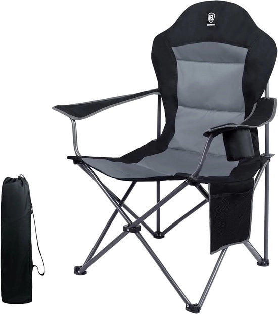 Campingstool sovra dimensionato con schienali imbottiti - telaio pieghevole in acciaio - schienale alto - contenitore per bicchieri - tasca laterale - supporto rigido - 136kg (Z'wart-1)