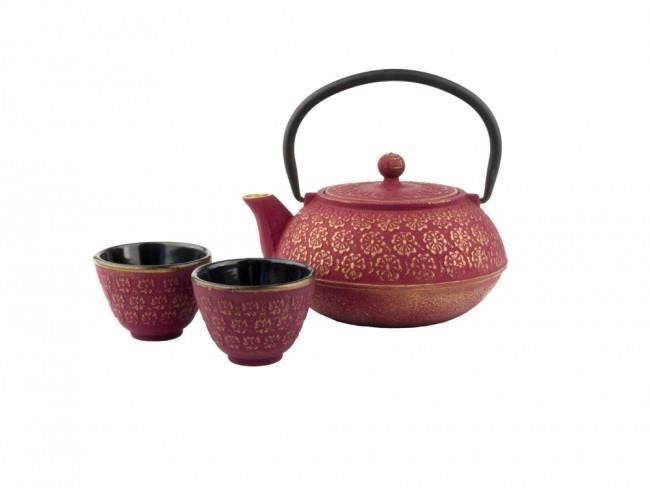 Bredemeijer G015PG Shanghai Set da te' 0,6 L con teiera e 2 tazze in ghisa smaltata colore Rosa e Oro