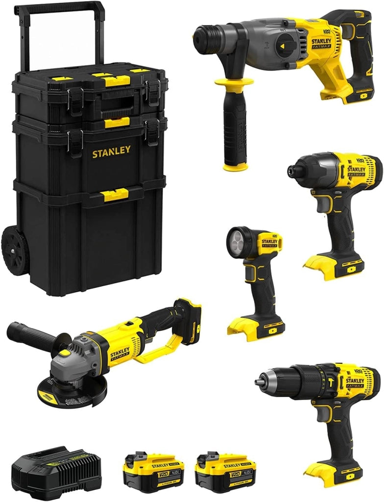 STANLEY FatMax Kit SVK501 (SFMCH900 + SFMCG400 + SFMCD711 + SFMCF800 + SFMCL020 + 2 Batterie 4,0 Ah + Caricabatteria + Caddy 3in1)