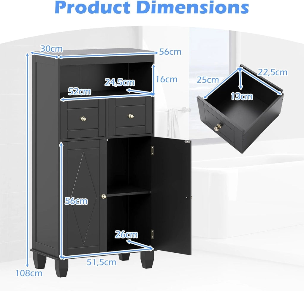 Armadietto da bagno da 108 cm, autoportante con 2 cassetti, ripiano regolabile e ripiano aperto, 56 x 30 cm, per lavanderia e ingresso (nero)
