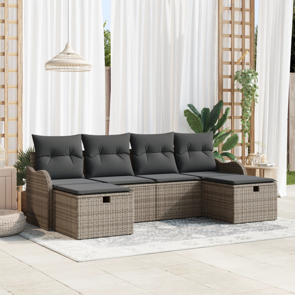 Set Divano da Giardino a 6 Pezzi con Cuscini in Polyrattan Grigio
