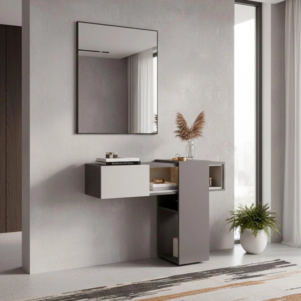 Mobile Da Ingresso Con Mensola Sospesa Specchio E Ripiani Scorrevoli Mobiletto Arredo Per Sala 100 X 31.5 X 75 Cm Grigio Scuro E Grigio Chiaro
