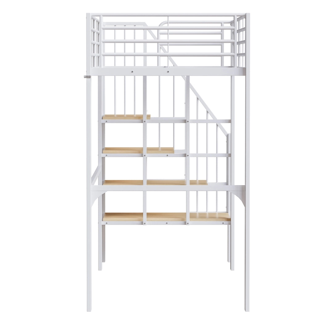 DESMIU Letto a soppalco letto singolo 90 × 200 cm 1 posto con scala e vano contenitore, senza materasso, bianco