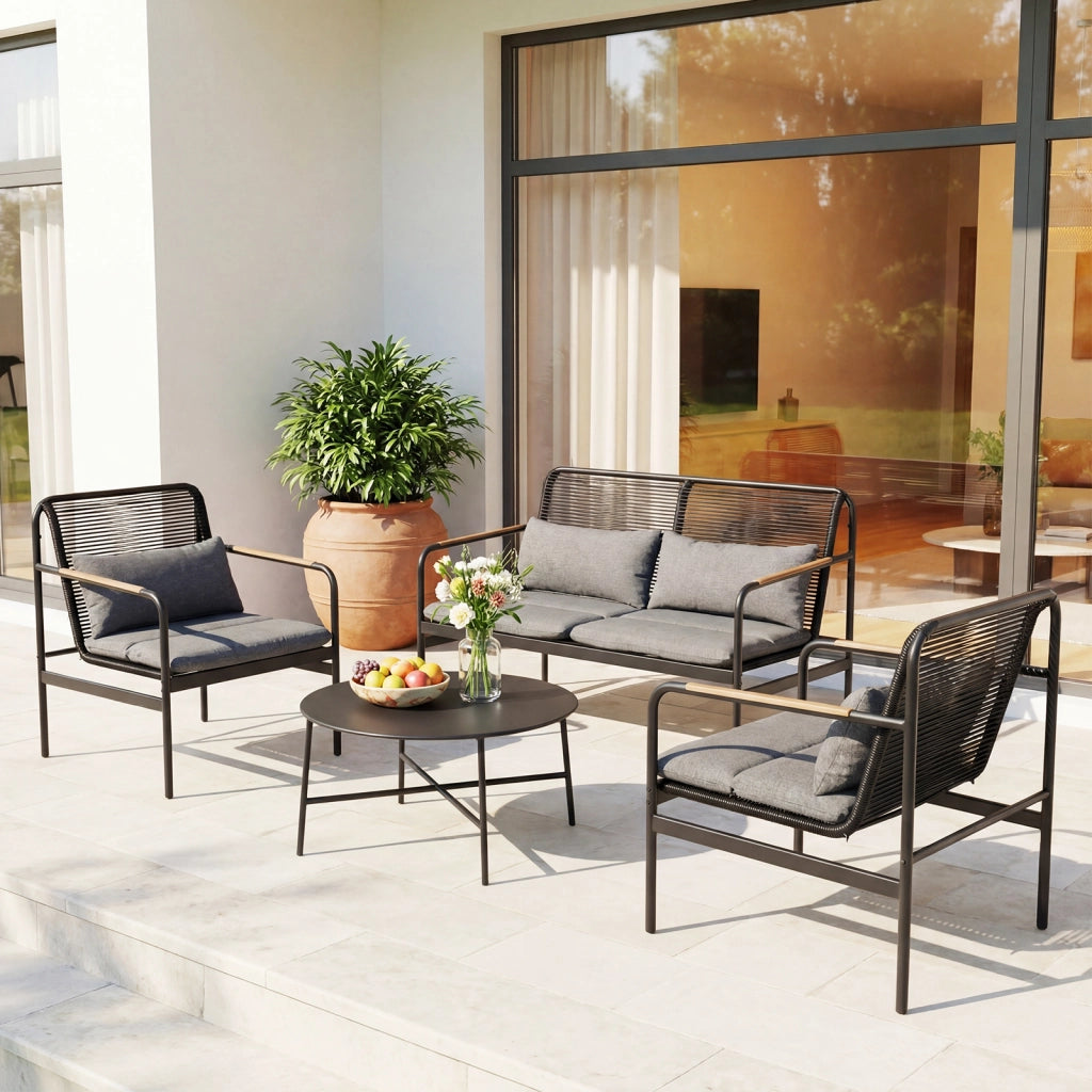 Set mobili da patio 4 pezzi in vimini con cuscini, Divano 2 posti e 2 poltrone con tavolino per giardino balcone