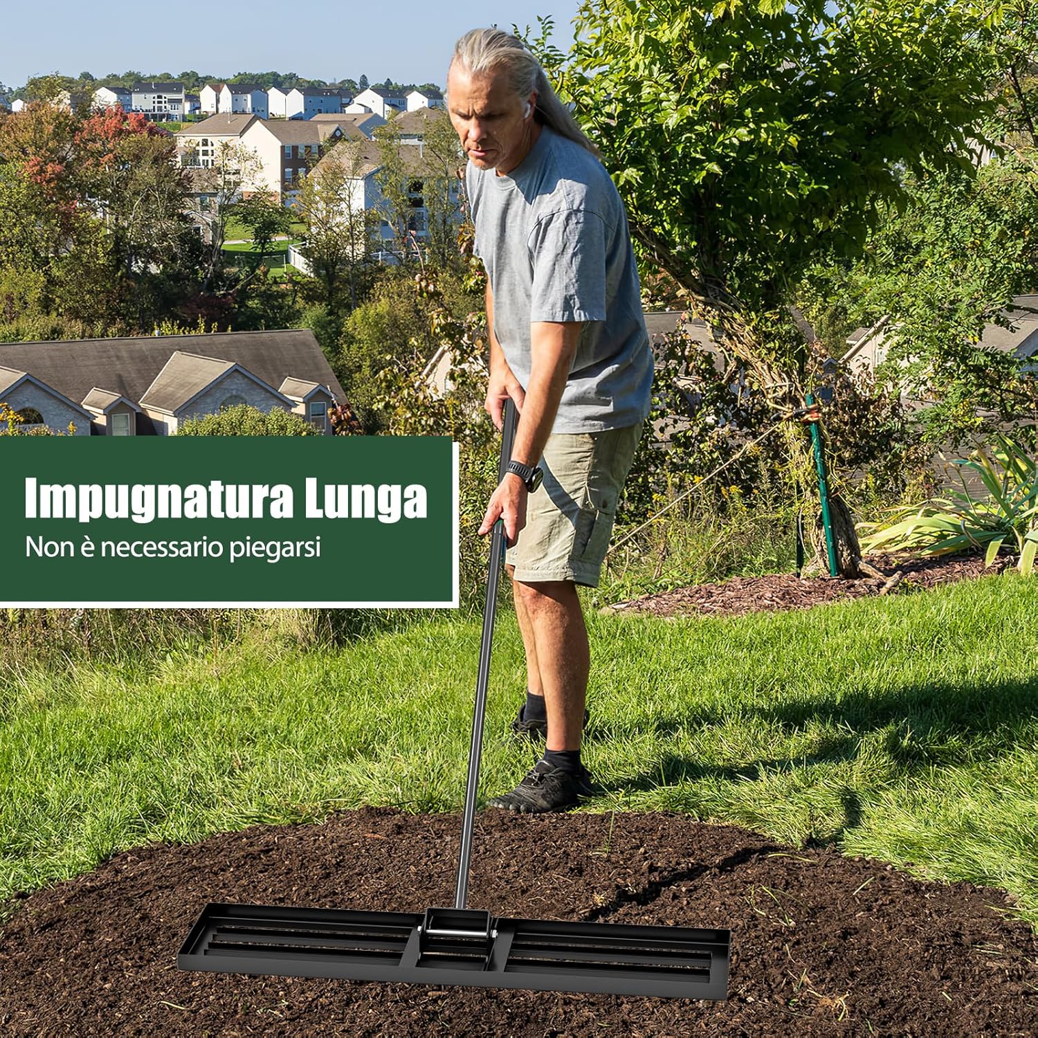 Rastrello Livellatore per Prato, Attrezzo per la Livellatura del Prato con Manico Ergonomico, Livellatrice per Giardino, Cortile, Campo da Golf, Fattoria e Pascolo (Nero 106 x 25 cm)