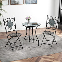 Set da Giardino 3 Pezzi,Set da Pranzo in Metallo Robusto a Mosaico, con 2 Sedie Pieghevoli, Set Tavolo e Sedie per Interno ed Esterno (Nero+Grigio)