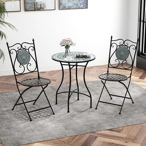 Set da Giardino 3 Pezzi,Set da Pranzo in Metallo Robusto a Mosaico, con 2 Sedie Pieghevoli, Set Tavolo e Sedie per Interno ed Esterno (Nero+Grigio)