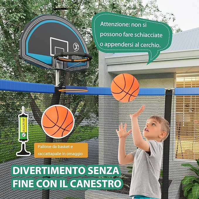 Trampolino Elastico per Bambini 245/333/367 cm Certificato GS, Tappeto Elastico con Rete, Anello da Basket, Scaletta con 2 Gradini, Palla da Basket e Pompa, Portata 100 kg