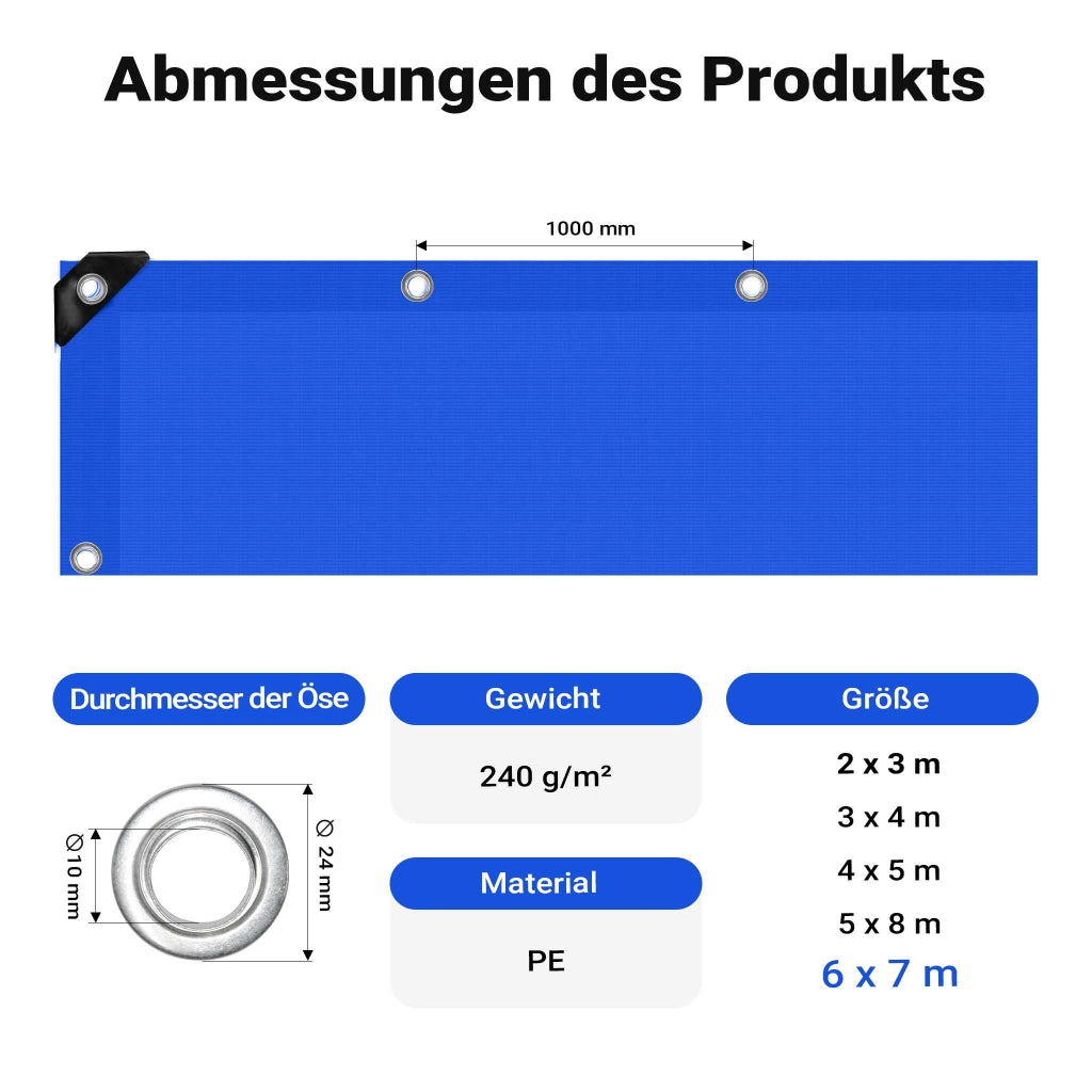 Telone occhiellato blu 7 x 6 m resistente alle intemperie e a raggi UV, impermeabile, robusto telo di protezione in poliestere 240 g/m² con rivestimento in PVC