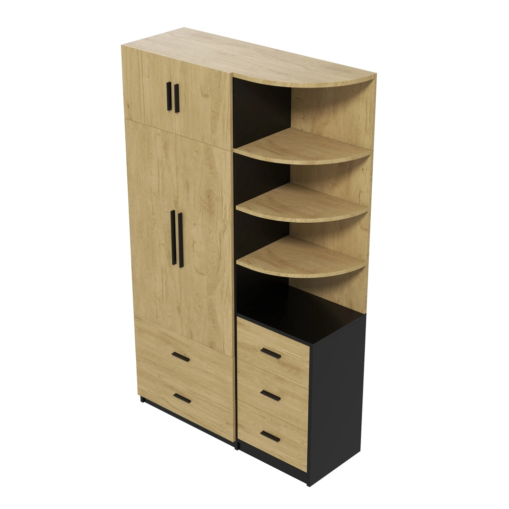Armadio con 5 cassetti; 2 ante e barra appendiabiti; con vani aperti; per camera da letto; naturale e nero; 110 × 40 × 186 cm