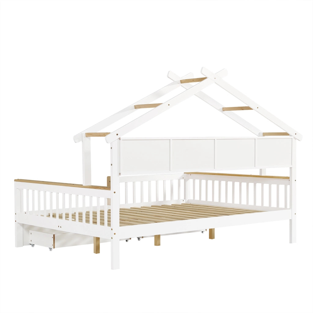 DESMIU Letto per bambini 140 × 200 cm con tetto, 2 cassetti, sponde di sicurezza, senza materasso, bianco e naturale