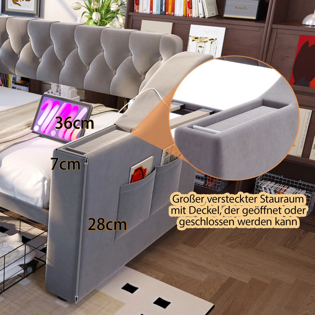 Letto imbottito singolo 90×190 cm con 2 cassetti; USB; Type-C e ripiani laterali; senza materasso; grigio chiaro
