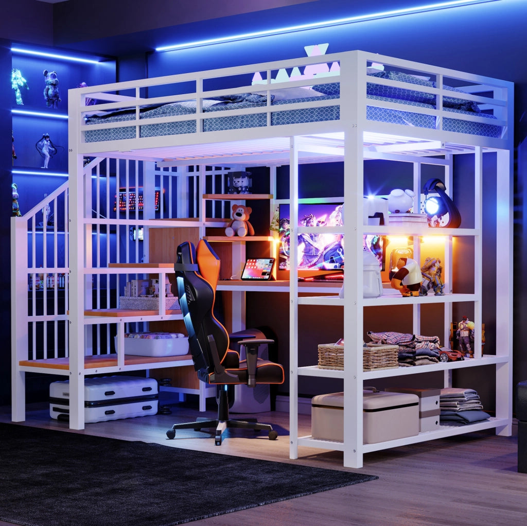 Letto a soppalco multifunzione 140x200 cm con scrivania, LED e prese, bianco