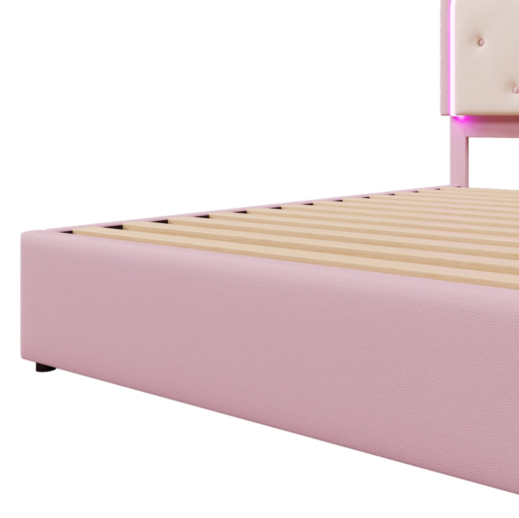 Letto imbottito rosa 140x200 cm con LED, letto estraibile e 2 cassetti