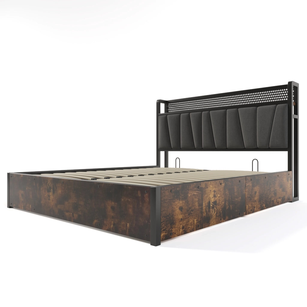 Letti contenitori 160x200 cm; testiera LED con prese USB; lino grigio (Senza materasso)