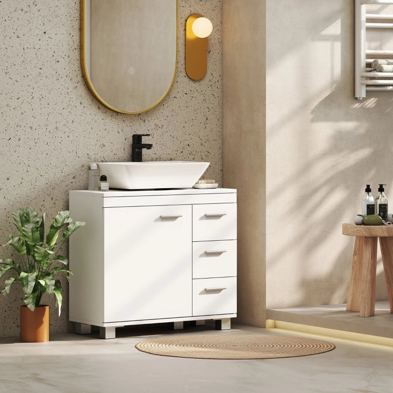 Mobile sottolavabo bianco in MDF, 2 ripiani e 3 cassetti