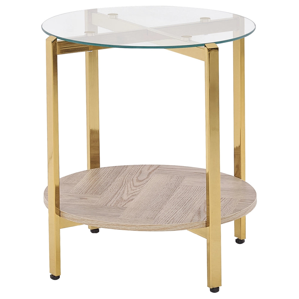 Tavolino moderno piano in vetro temperato con 1 ripiano legno chiaro e oro stile moderno