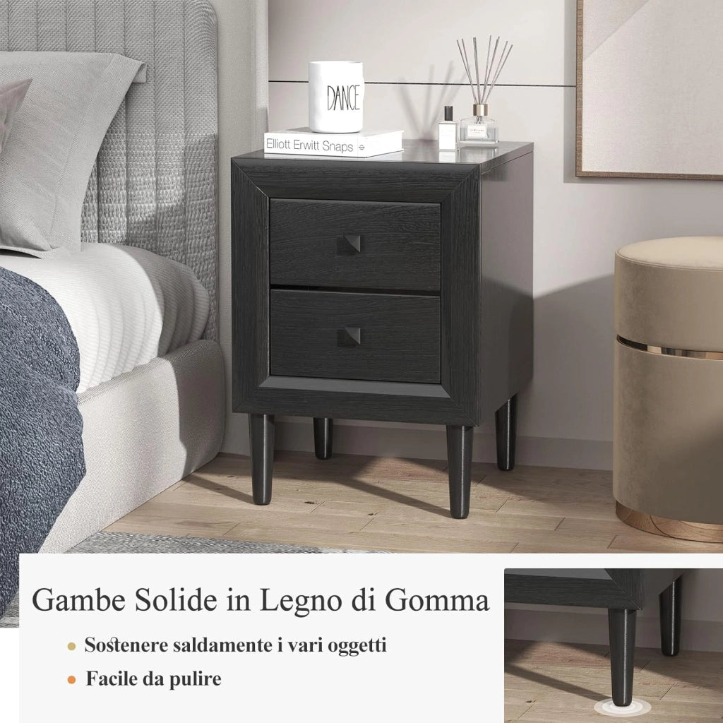 COSTWAY Comodino 40 x 39,5 x 55cm con 2 Cassetti, Tavolino Moderno da Salotto con Solide Gambe in Legno di Gomma, Mobile per Ufficio, Salone e Camera da Letto (2 x Nero)