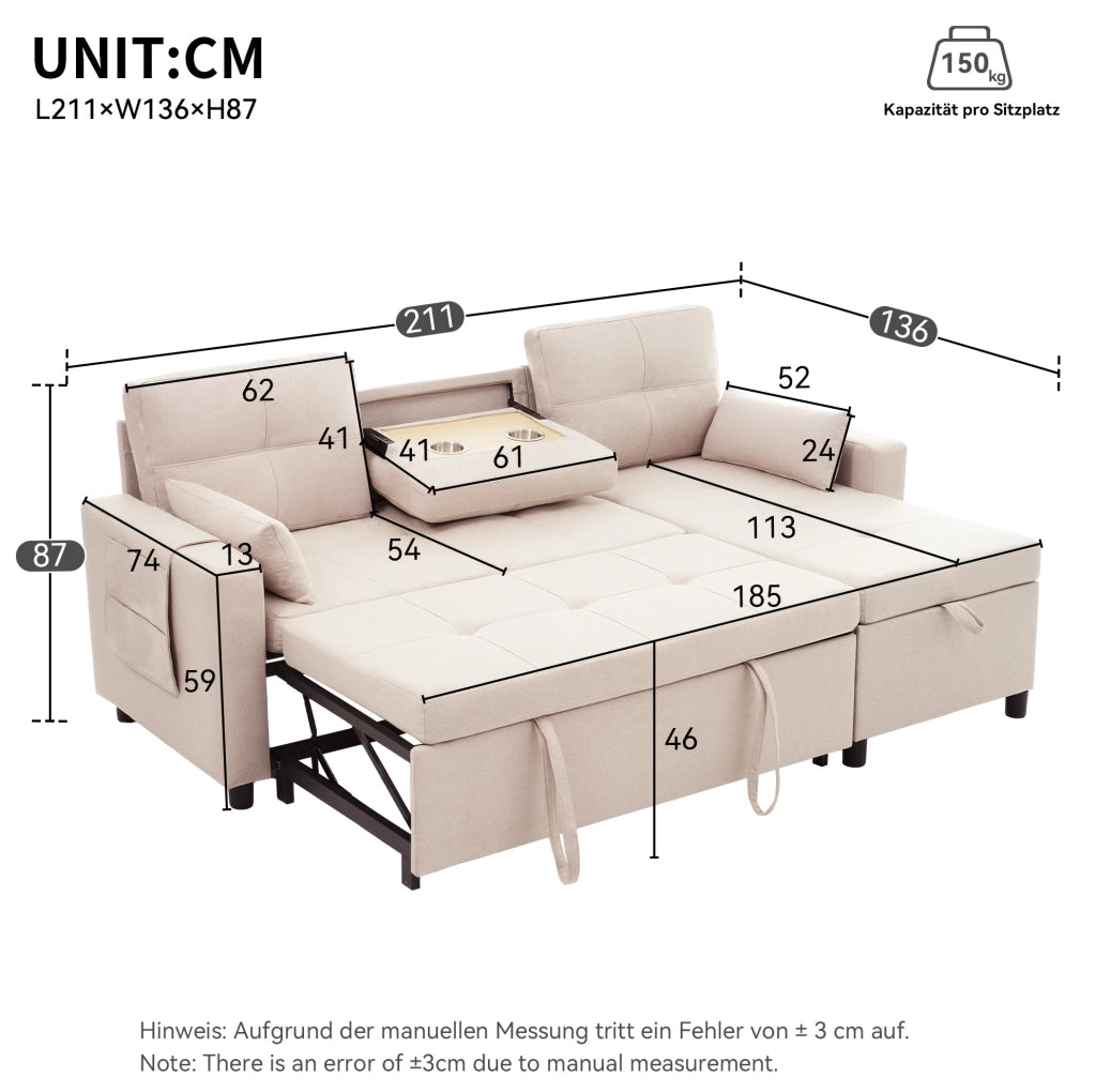 Divano letto angolare 211x136x87 cm estraibile modulare con contenitore in lino beige