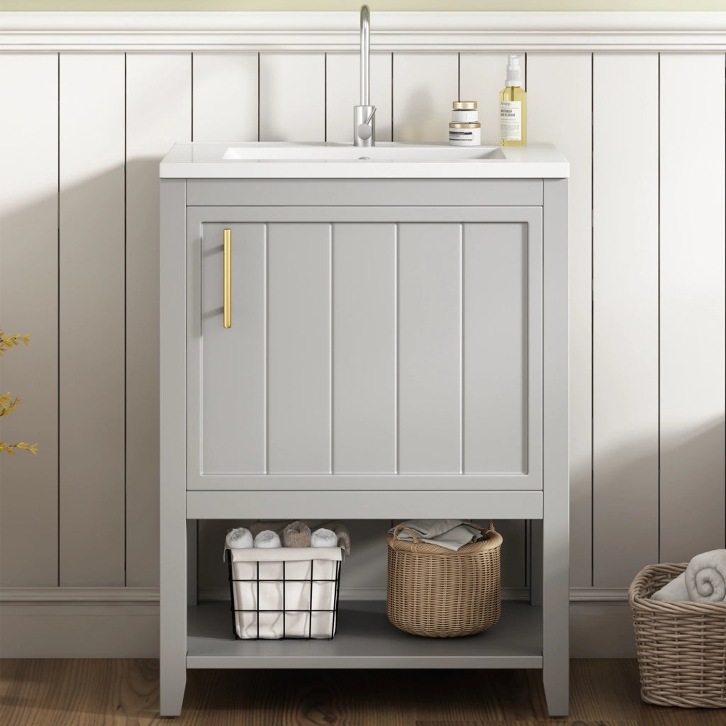 Mobile sottolavabo con lavabo in ceramica, ripiani interni e piedini antiscivolo, per bagno, in MDF, grigio