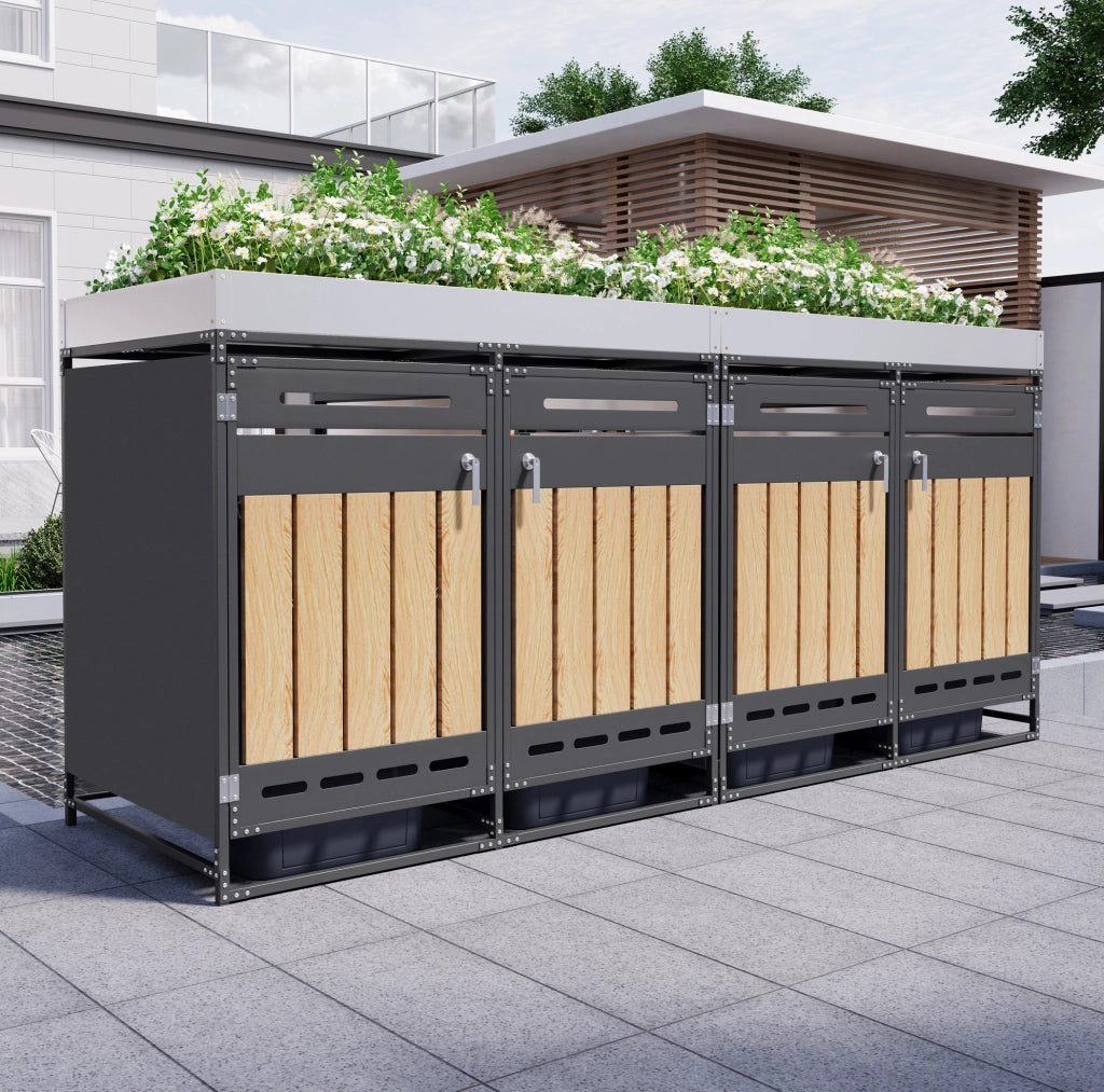 Box portapattumiere ULEVR per 4 bidoni con fioriera integrata, 274x79x125 cm, ferro nero con serrature