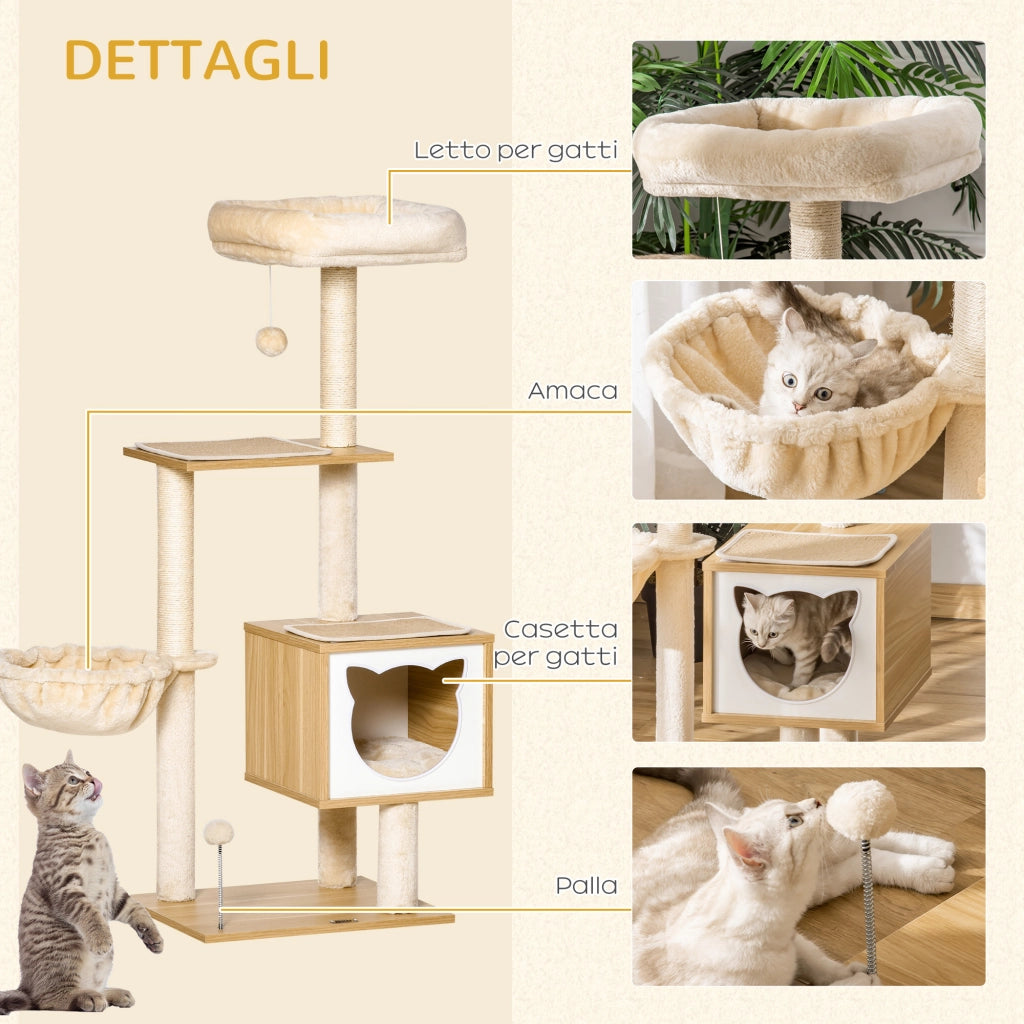 Tiragraffi per Gatti con 2 Pali. Casetta. Amaca. Lettino e 2 Palline. in Legno. Pile e Sisal. 48x40x126 cm