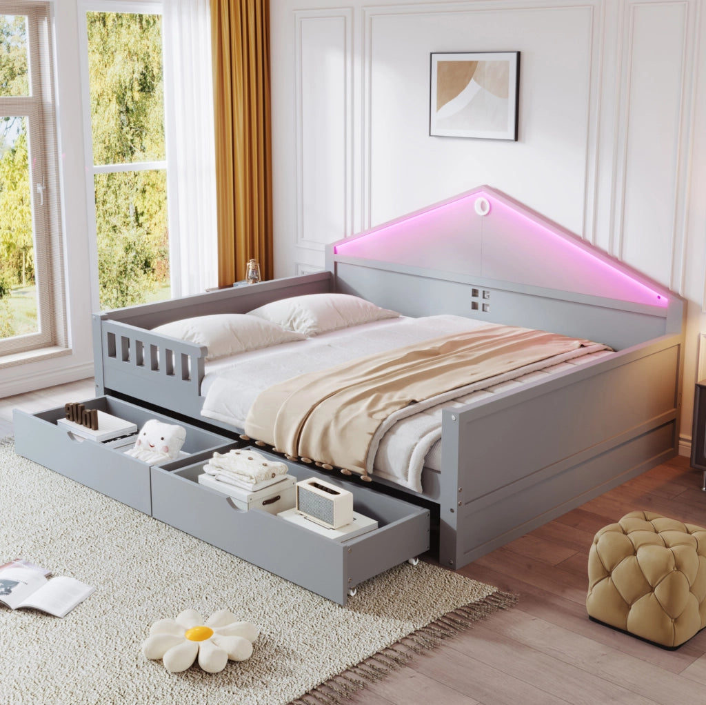 Letto 140x200 cm con LED e cassetti; grigio