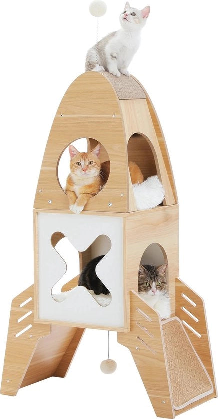 Palo per Gatti - Struttura per Gatti con Posto di Riposo - Palo per Gatti a forma di Racket - 109 cm - Colore Legno