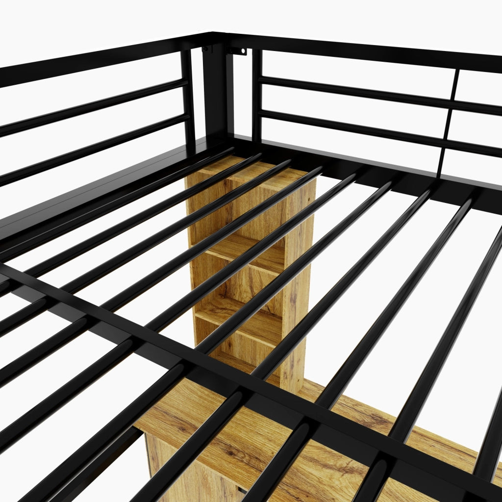 Letto a soppalco 140x200 cm in metallo e MDF con scrivania; armadio; scale contenitore; nero