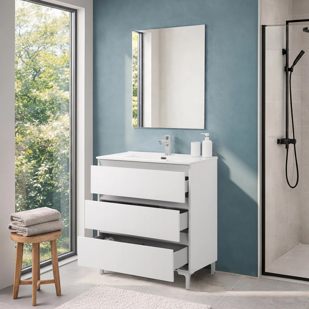 Mobile bagno a terra 80 cm in bianco lucido con lavabo e specchio Leda