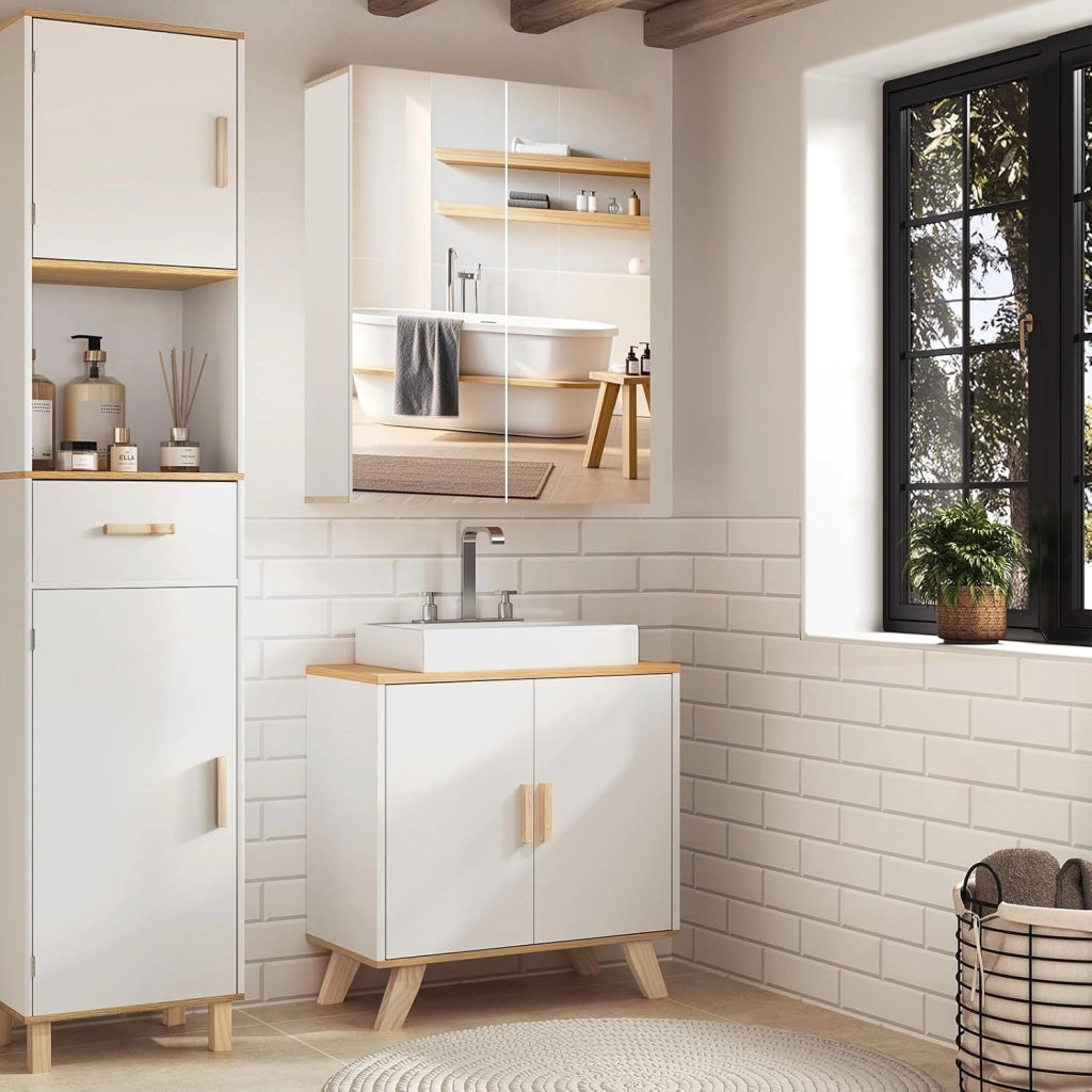 Armadietto da Bagno Pensile, Specchio Contenitore con 2 Ripiani Interni Regolabili, Mobile Sospeso da Bagno Salvaspazio con 2 Ante, Mobiletto Bianco e Rovere 60x20x75cm