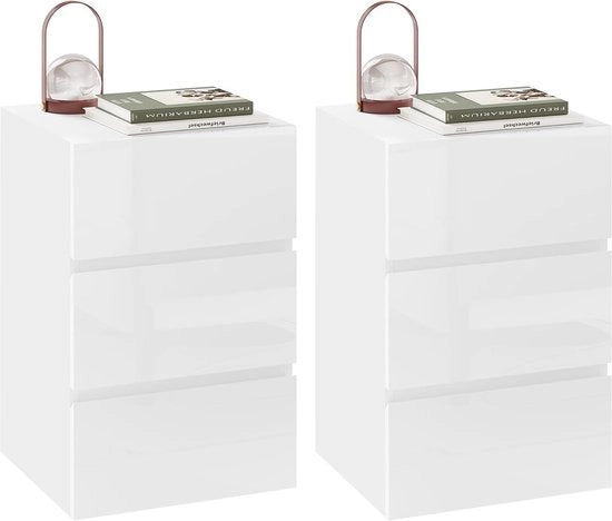 Set di 2 comodini moderni con 3 ripiani in finitura alta - Bianco - Tavolo multifunzionale per la camera da letto e il soggiorno - 40 x 35 x 62 cm